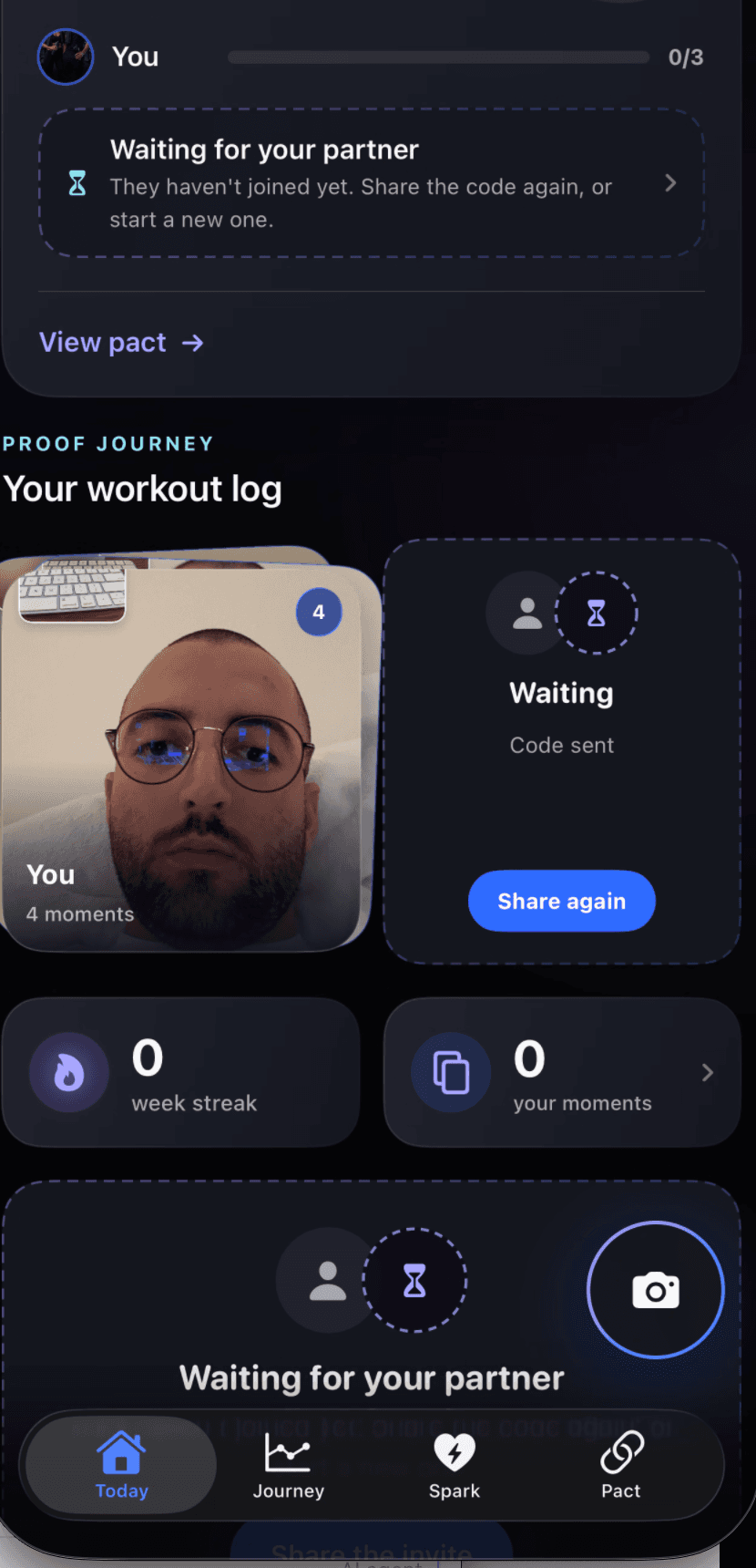 VowDuo workout log showing shared proof photos and week streak